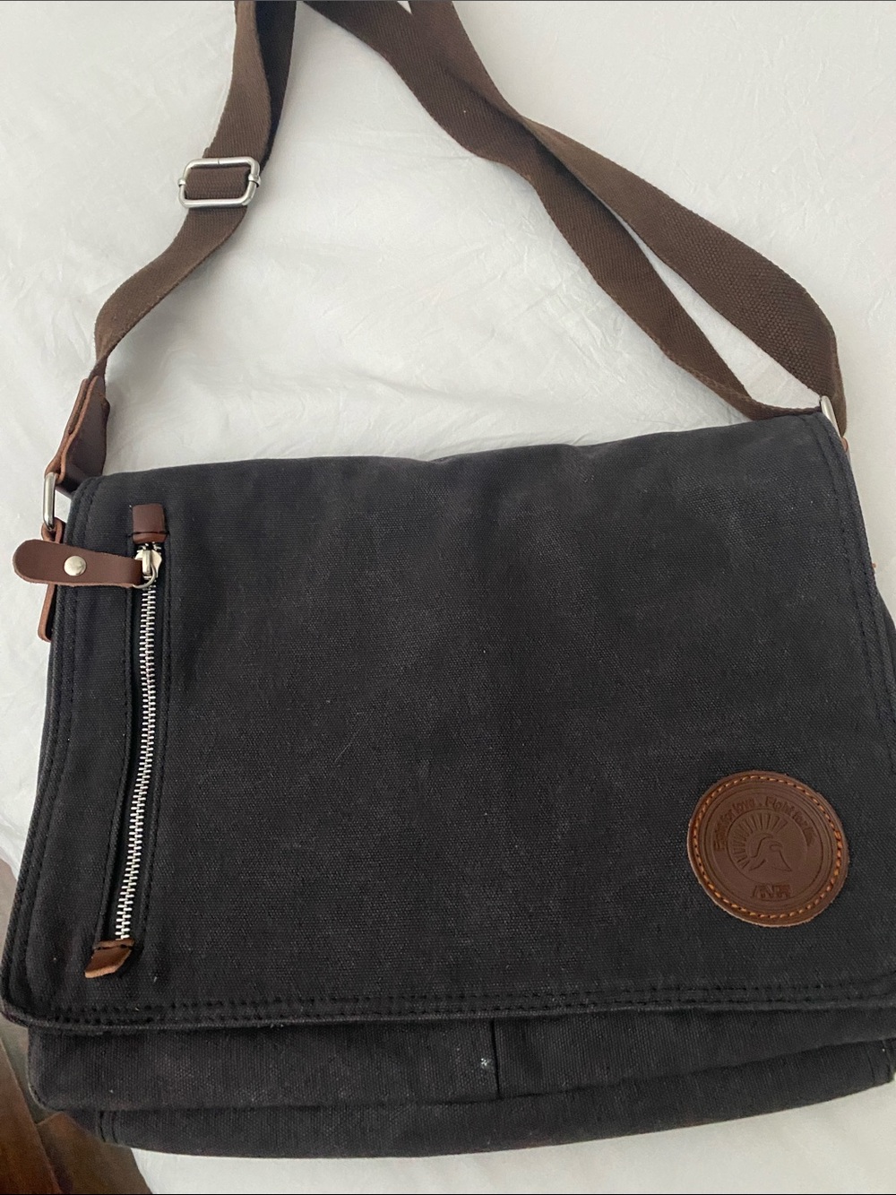 Black Canvas Messenger Bag with Brown Trim - Unbranded